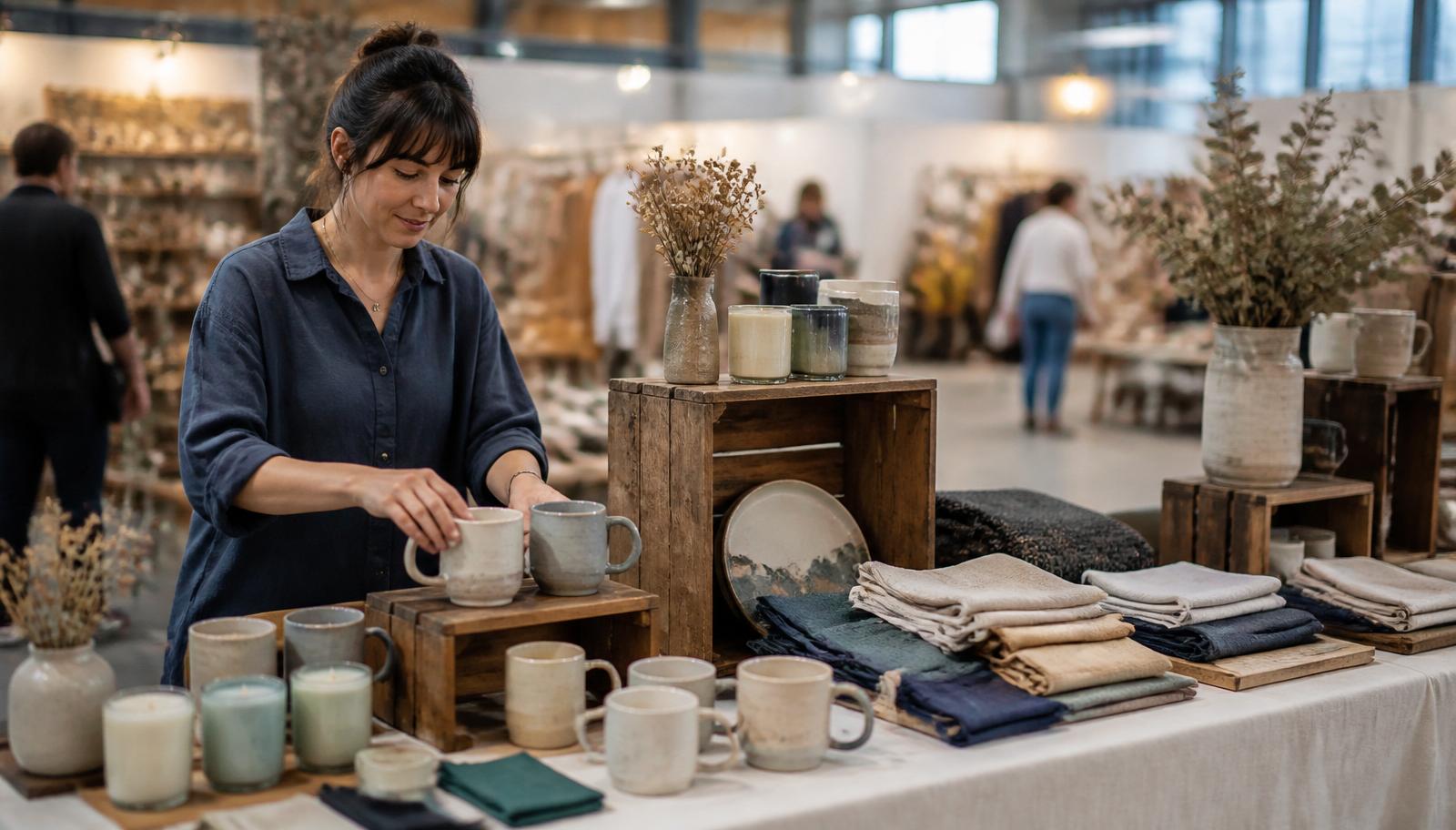 A pop-up shop owner arranging products on an organized vendor table with display risers and grouped merchandise.