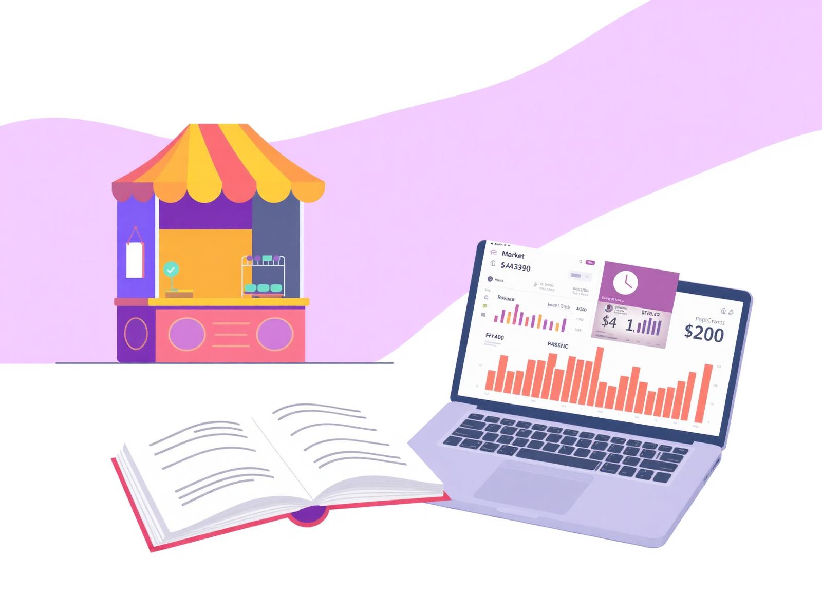 Illustrated collage of a pop-up booth, a business book, and a laptop showing a revenue and inventory dashboard